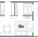 Grundriss der Ferienwohnung mit Möbeln und Einrichtungsgegenständen im Wohnbereich, Küche, Schlafzimmern, Bad und auf der Terrasse.