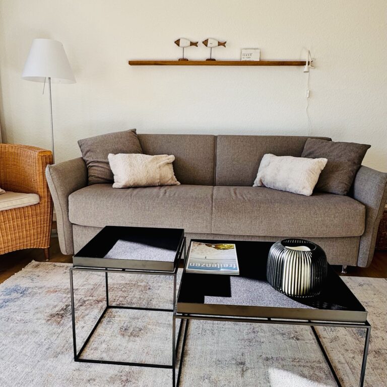 Wohnzimmer mit Schlafsofa für zwei Personen. Links vom Sofa steht ein Lesesessel mit Stehleuchte. Vor dem Sofa stehen zwei kleine Beistelltische.